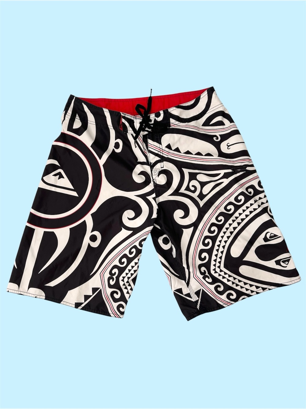 Y2K Quiksilver AOP Board Shorts Surf Tribal Design Embroidery Swim Size 34
